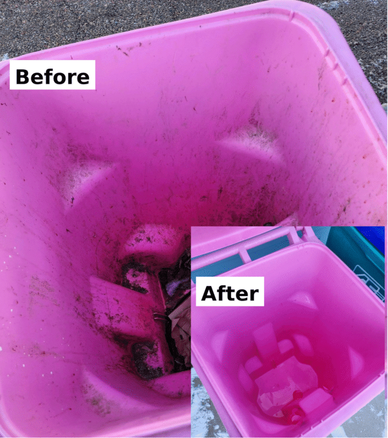 Before and after of a trash bin cleaning