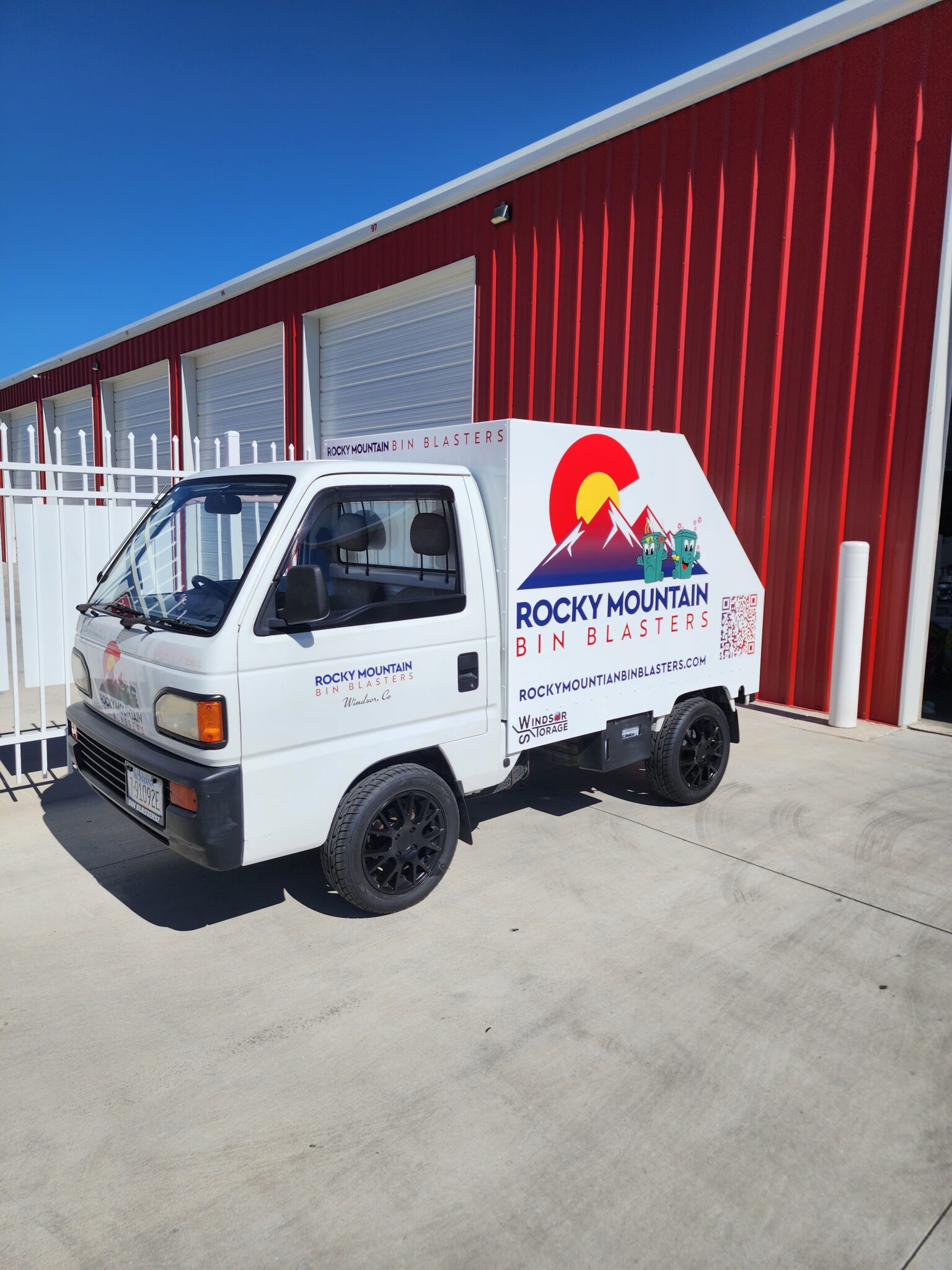 The branded Rocky Mountain Bin Blasters box truck